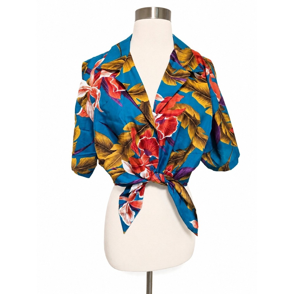 Vintage Hilo Hattie Hawaiian Shirt Tropical Women Size XL Tie Front Crop
